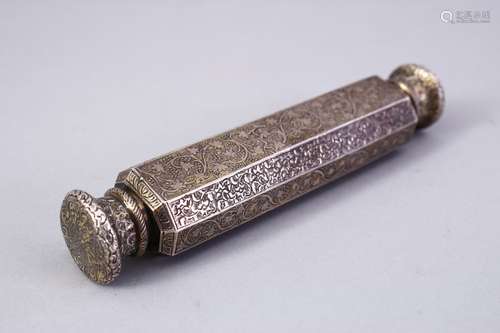 AN EARLY 19TH CENTURY INDIAN LUCKNOW ENGRAVED SILVER DOUBLE ENDED PERFUME BOTTLE, 12.5cm.