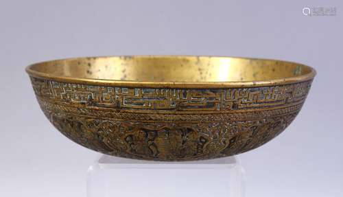 A GOOD QAJAR CALLIGRAPHIC CAST BRASS BOWL, with panels of figures and bands of calligraphy, 20cm.