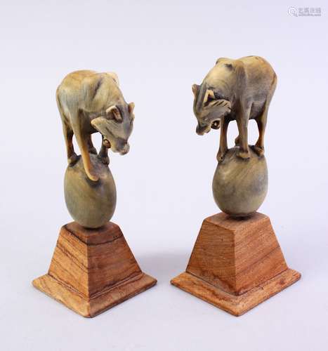 A PAIR OF CARVED HORN WOLF FIGURES, stood on balls mounted to wooden bases, 15.5cm.