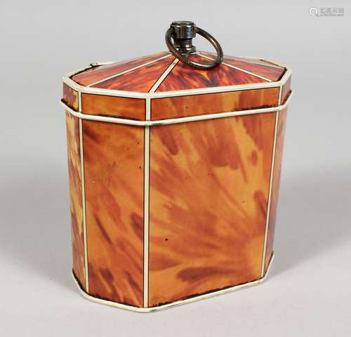 A GEORGE III DESIGN TOLEWARE TORTOISESHELL TEA CADDY. 3.5ins high.