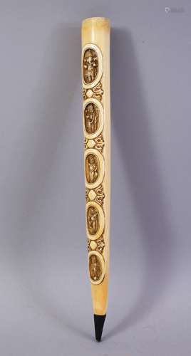 A 19TH CENTURY INDIAN IVORY HANDLE, carved with five oval cartouches each depicting and Indian