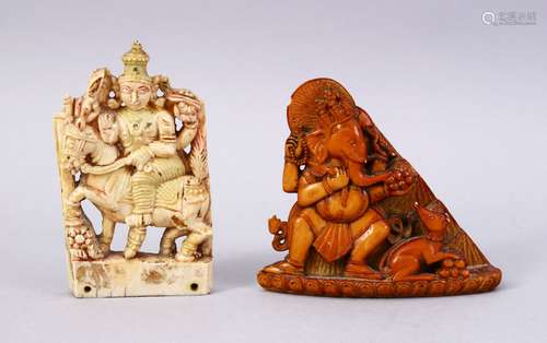 TWO FINE 17TH/18TH CENTURY INDIAN CARVED IVORY FIGURES OF HINDU GODS, 7cm and 8cm high.