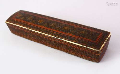 A GOOD 18TH CENTURY PERSIAN MICRO MOSAIC & LACQUER LIDDED PEN BOX, 28cm wide X 4.5cm high,