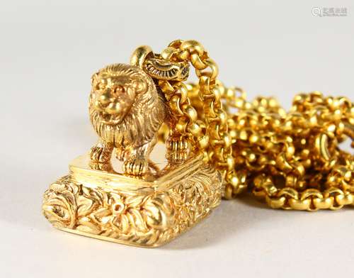 A GOLD PLATED LION SEAL AND CHAIN.