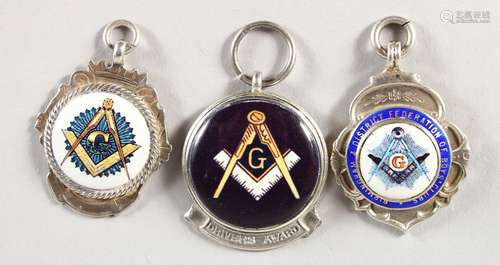 THREE SILVER AND ENAMEL MASONIC FOBS.