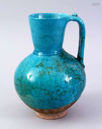 A GOOD EARLY TURQUOISE GLAZED POTTERY EWER, 20CM HIGH.