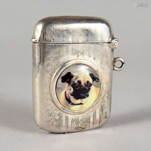 AN ENGRAVED SILVER VESTA CASE, with an enamel of a pug dog. Birmingham 1902.