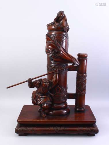 A LARGE GOOD QUALITY JAPANESE MEIJI PERIOD CARVED HARD WOOD OKIMONO - SHOKI & ONI, the okimono