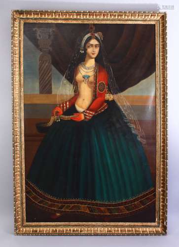 A 19TH CENTURY INDIAN OIL ON CANVAS PAINTING OF A SEMI NUDE FIGURE, 130cm high x 89cm wide.