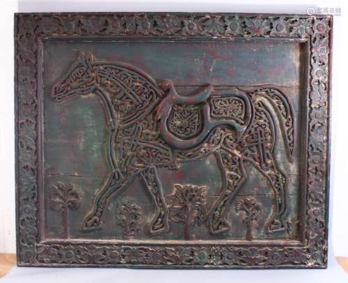 A LARGE AND FINE 18TH / 19TH CENTURY ISLAMIC CARVED CALLIGRAPHIC WOODEN PANEL - OF A HORSE, the