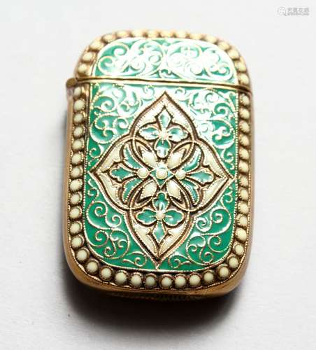 A NOVELTY ENGRAVED BRASS AND CLOISONNE ENAMEL VESTA CASE.