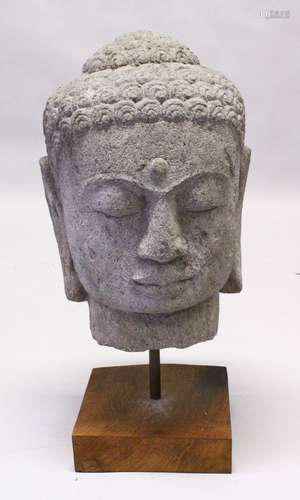 A GOOD 19TH / 20TH CENTURY LARGE CARVED GHANDARA STONE BUST OF A HEAD, on a fitted wooden stand,