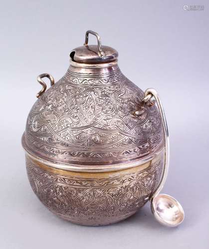 A GOOD 19TH CENTURY IRANIAN / ISLAMIC SILVER TEA CADDY WITH SPOON, the body of the caddy carved with