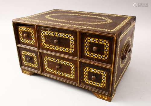 A GOOD 19TH CENTURY INDIAN WOODEN BOX, with six drawers and band of inlaid mother of pearl, 34cm