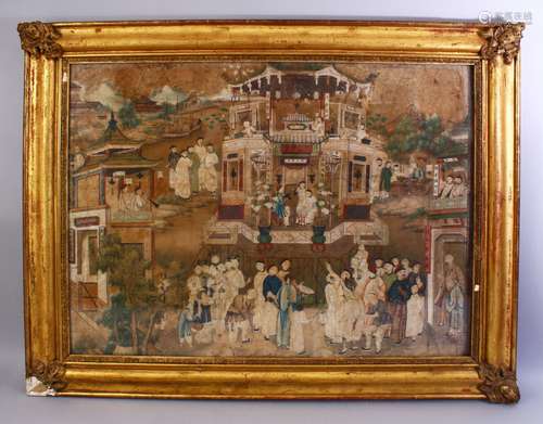 A LARGE AND FINE 19TH CENTURY OR EARLIER CHINESE PAINTED FRAMED PICTURE, the picture painted on