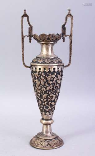 A GOOD ISLAMIC / IRANIAN SILVER ALHAMBRA STYLE SILVER VASE, the boy carved with floral decoration