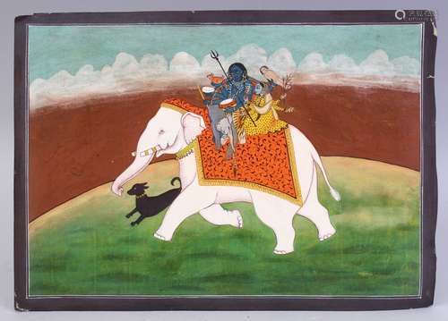 AN EARLY 20TH CENTURY INDIAN MUGHAL MINIATURE PAINTING, depicting a blue skin god holding an