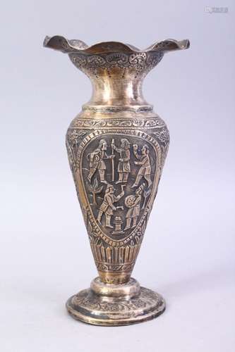 A GOOD 18TH / 19TH CENTURY IRANIAN CARVED SILVER VASE, depicting panels of figures and animals,