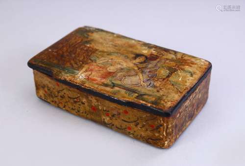 AN EARLY QAJAR LACQUER LIDDED LACQUER BOX - EROTIC SCENE, the lidded box finely decorated to the