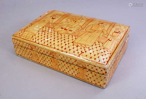 A GOOD KASHMIRI INDIAN LIDDED BOX, decorated with figures, 15cm wide x 10cm,