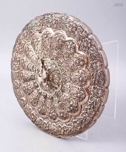 A GOOD 19TH CENTURY ISLAMIC SILVER MIRROR, the mirror with decoration depicting flora, with a bird