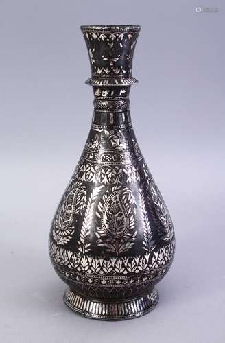 A FINE 16TH CENTURY SILVER & IRON BIDAR HUQQA BASE, with inlaid silver decoration depicting panels