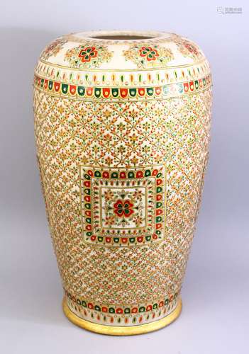 A LARGE MUGHAL MARBLE ONLAID VASE, the vase profusely inlaid with gem types, with gilt outlines,