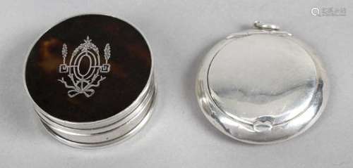 A silver mounted and tortoiseshell small circular box,