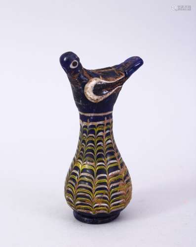 A GOOD MAMLUK MARVERED GLASS MINIATURE BIRD VASE / CONTAINER, 8cm.