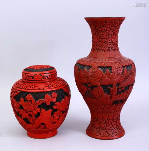 TWO 19TH & 20TH CENTURY CHINESE CINNABAR LACQUER ITEMS, one possibly 19th century cinnabar vase