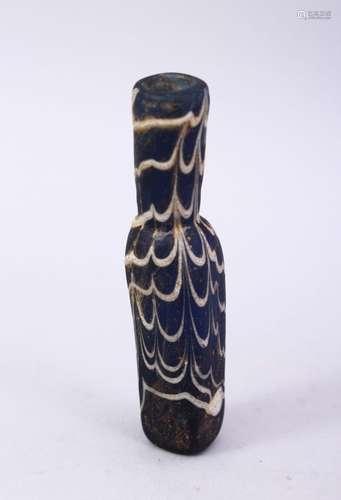 A GOOD MAMLUK MARVERED GLASS MINIATURE VASE, 9cm.