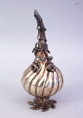 A FINE SIGNED CENTURY TURISH SILVER ROSE WATER SPRINKLER, with a ribbed body and folage to the neck,