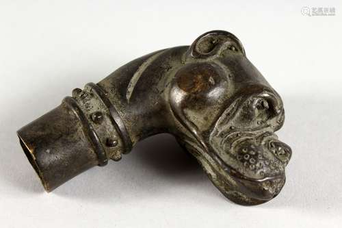 A BRONZE DOG HEAD WALKING STICK HANDLE. 2.75ins high.