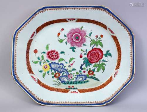 AN 18TH CENTURY CHINESE FAMILLE ROSE PORCELAIN SERVING DISH, decorated with flora, 46cm x 37cm.