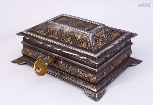 A GOOD PERSIAN KOFTGARI GOLD AND SILVER INLAID IRON LIDDED BOX, 15cm wide x 12.5cm deep.