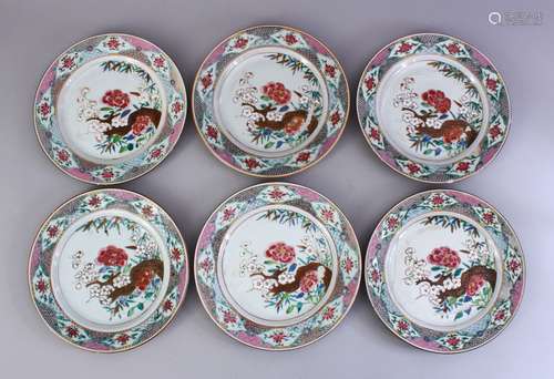 SIX CHINESE FAMILLE ROSE PORCELAIN PLATES, each decorated with a native display of native flora,