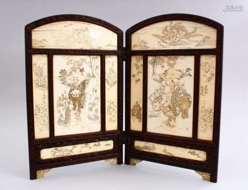 A GOOD QUALITY JAPANESE MEIJI PERIOD CARVED IVORY & HARDWOOD TABLE SCREEN, The ivory panels carved