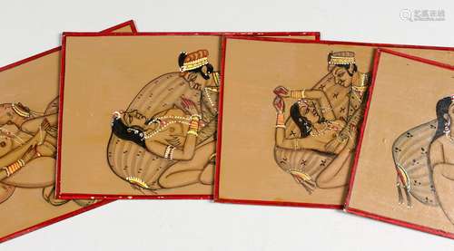 A SET OF FOUR INDIAN MINIATURES OF EROTIC SUBJECTS. 3.5ins x 2.5ins.