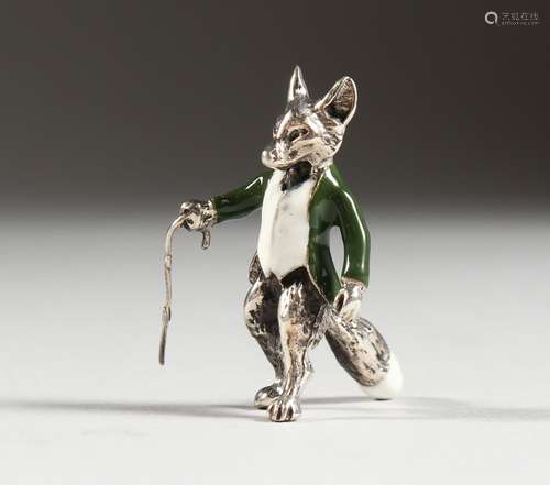 A MINIATURE SILVER AND ENAMEL MODEL OF A FOX. 1.25ins high.