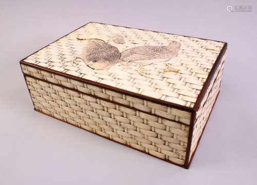 A GOOD JAPANESE MEIJI PERIOD CARVED IVORY BASKET WEAVE LIDDED QUAIL BOX, the hardwood lined box