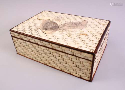 A GOOD JAPANESE MEIJI PERIOD CARVED IVORY BASKET WEAVE LIDDED QUAIL BOX, the hardwood lined box