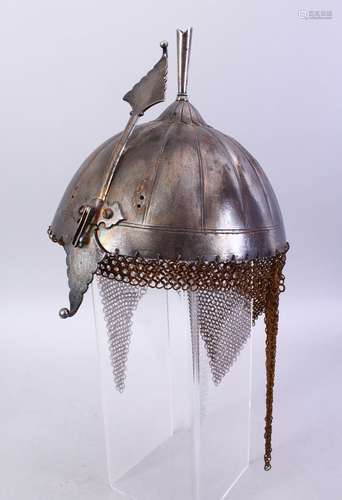 A GOOD INDIAN MUGHAL INLIAD STEEL HELMET, the helmet with silver inlays, chain mail to the verso