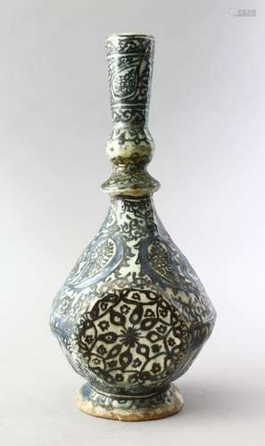 AN 18TH CENTURY PERSIAN GLAZED POTTERY BOTTLE VASE, the body with blue scrolling ground, (AF),