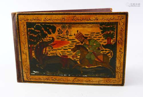 A 19TH CENTURY PERSIAN QAJAR LACQUERED BOOK BINDING, the binding decorated with scenes of a figure