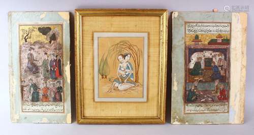 THREE PERSIAN MINIATURE PAINTINGS WITH CALLIGRAPHY, two unframed, one framed, the framed image of to