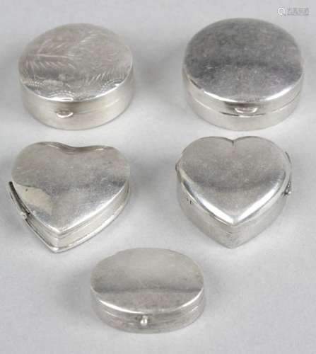 Five silver hinged pill boxes,