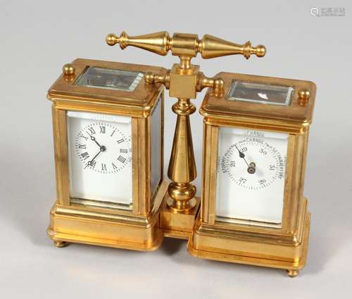 A COMBINED BRASS CLOCK AND BAROMETER. 3.5ins high.