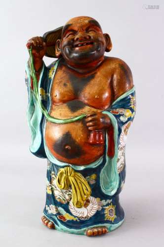 A LARGE 19TH / 20TH CENTURY CHINESE FAMILLE ROSE PORCELAIN FIGURE OF BUDDHA, stood with his belly