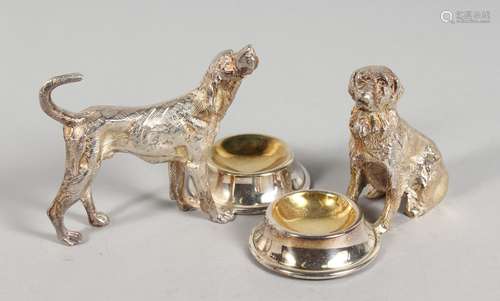 TWO SILVER-PLATED DOG SALTS.