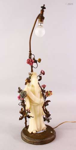 A GOOD 19TH CENTURY CHINESE CARVED WHITE JADE TYPE FIGURE / LAMP OF AN IMMORTAL, stood upon a bronze